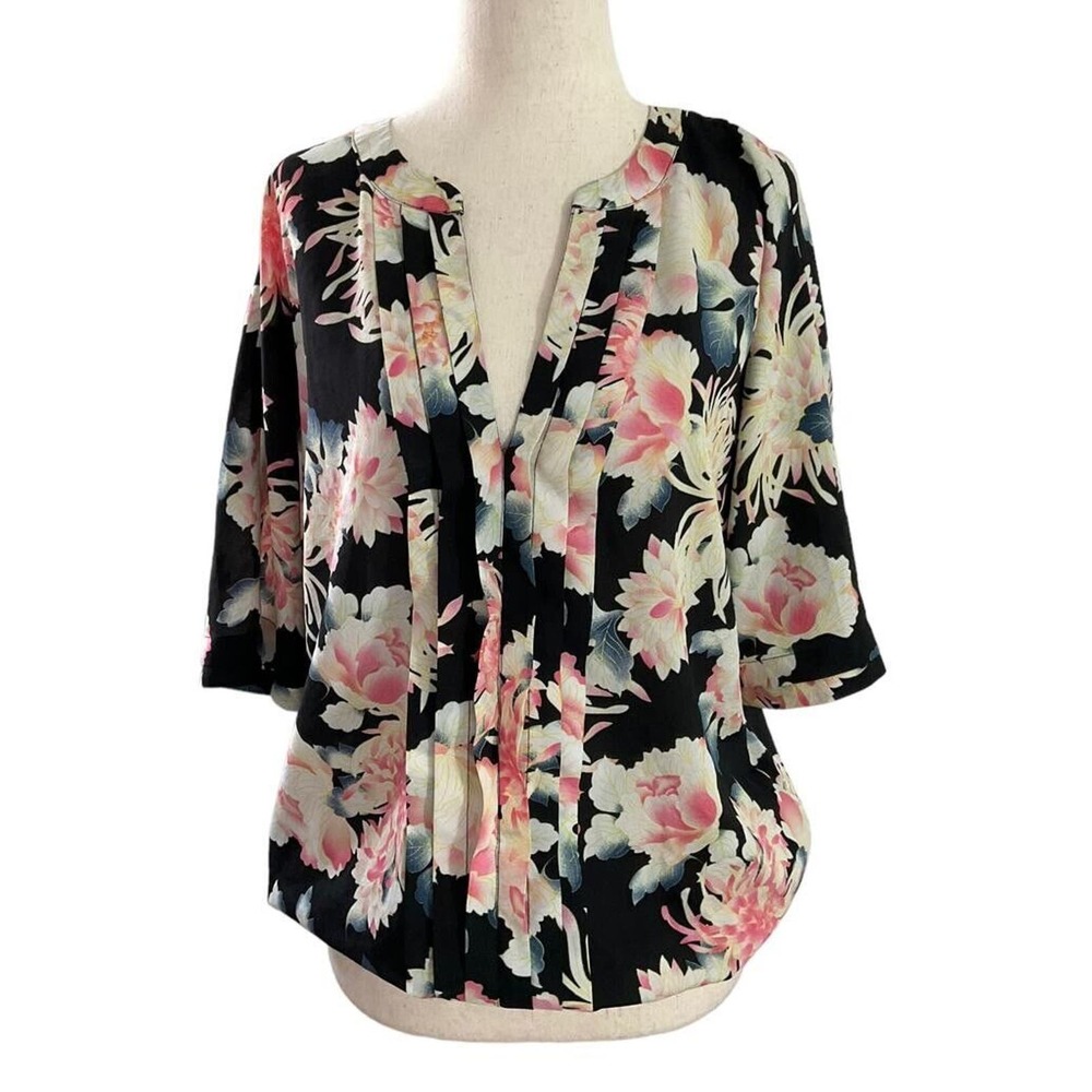 New York & Company 7th Ave Women Size Medium Floral Blouse Black Shirt Top 16-35